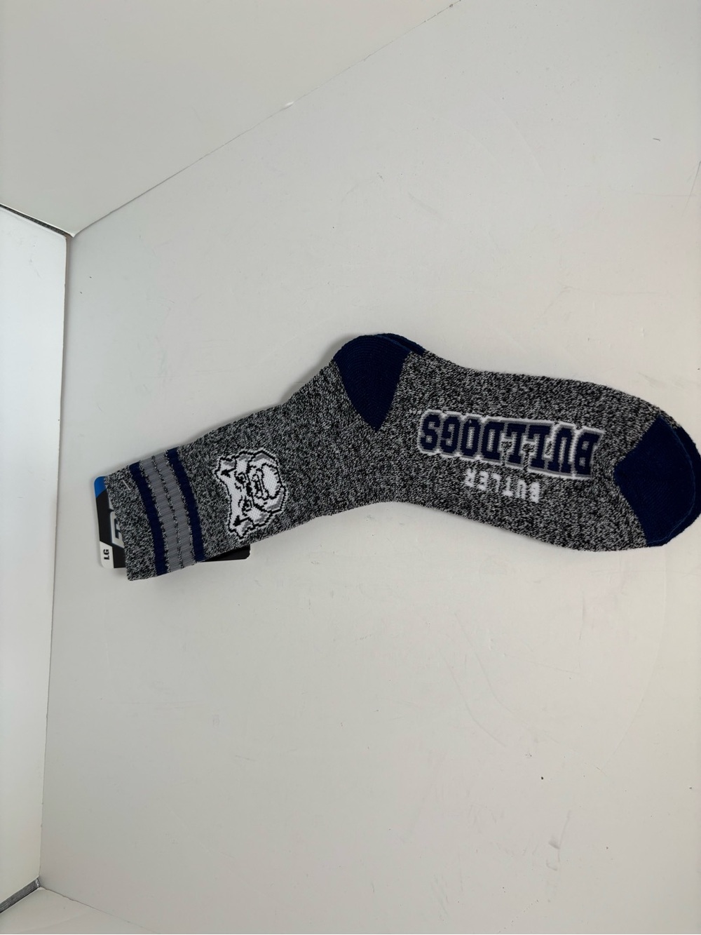 F3F Butler Bulldogs gray socks with blue stripes and white bulldog logo large